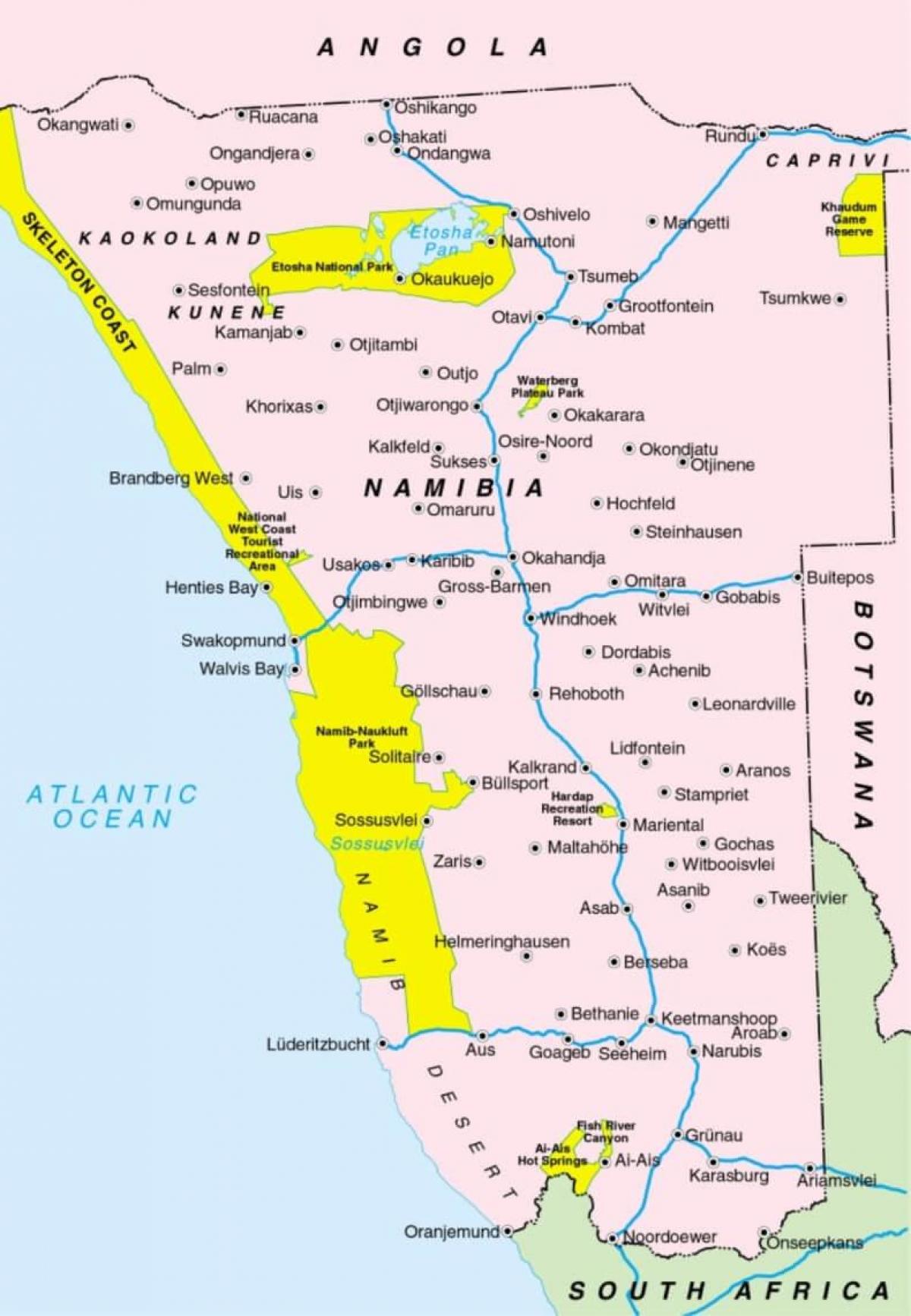 வரைபடம் நமீபியா காட்டும் நகரங்கள்